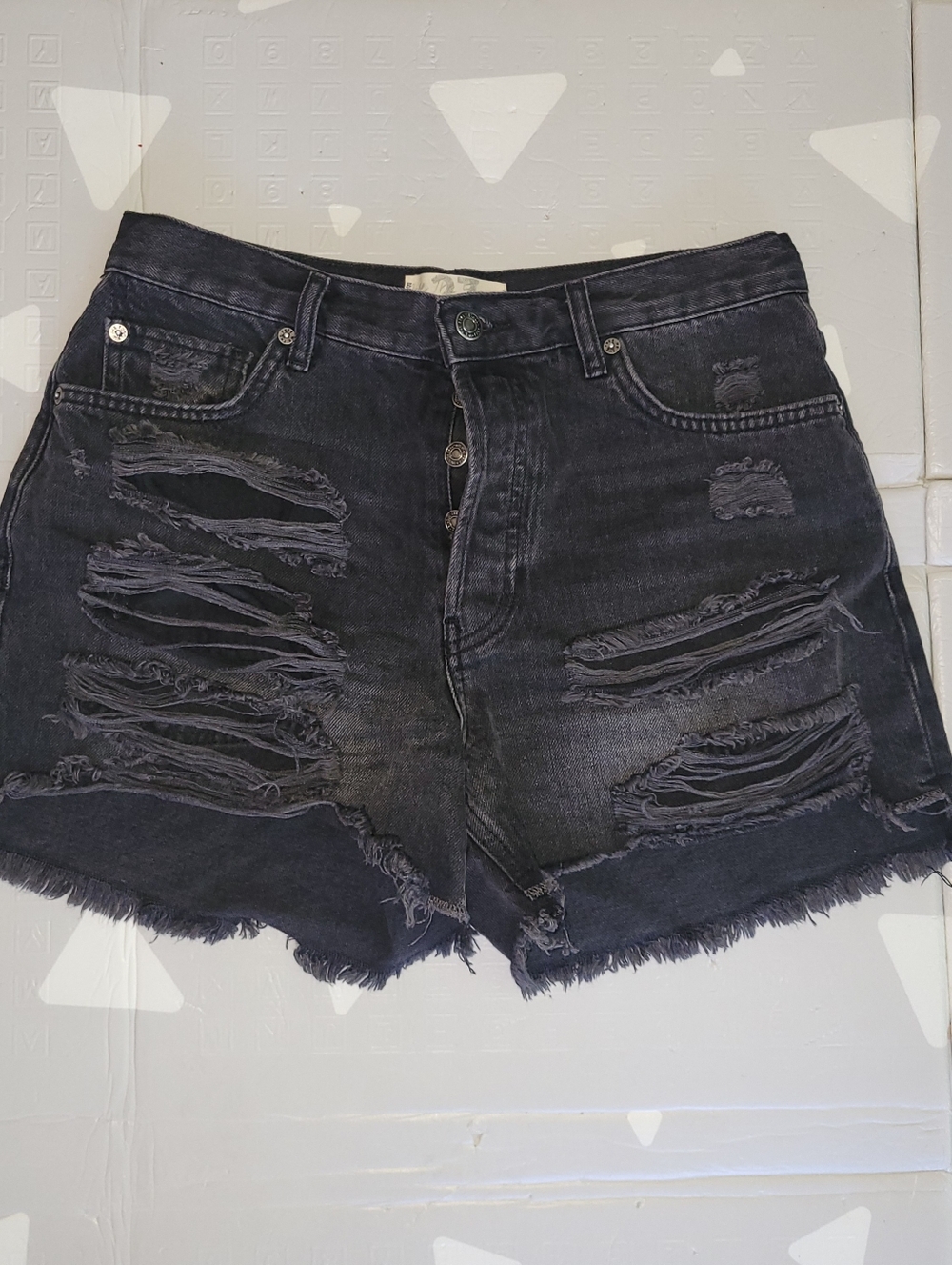 Free People High-Rise Distressed Black Denim Shorts 27